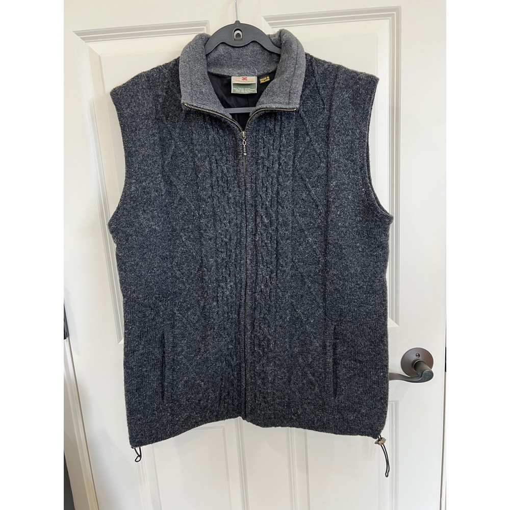 Carraig Donn Ireland Chunky Cable Knit Wool Full Zip Sweater Vest Gray Large